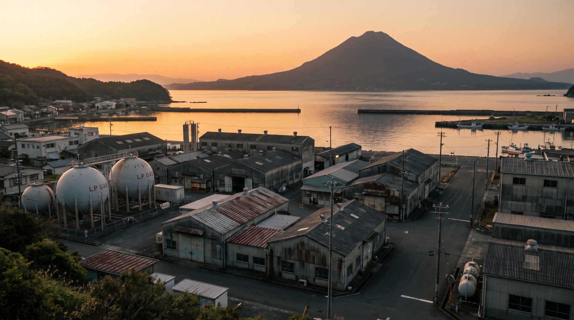 桜島を望む港町とLPガスタンクのある夕景
